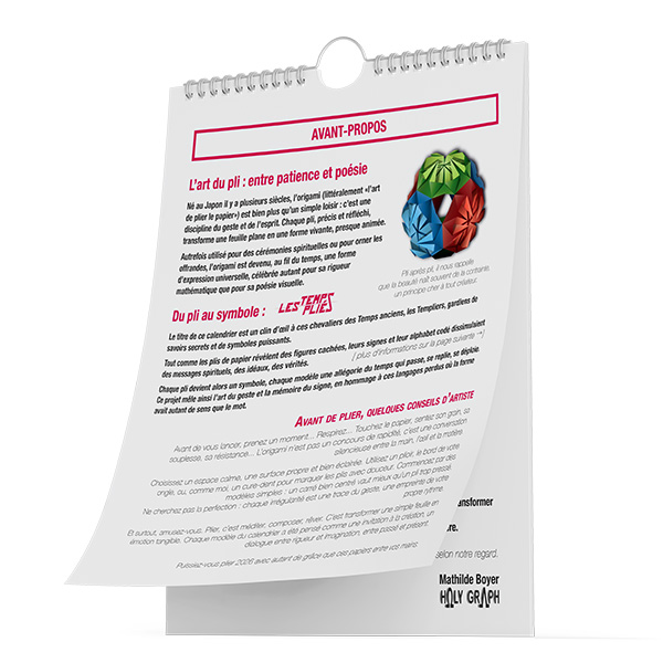 image illustrant le calendrier ouvert sur la page avant-propos : explications sur le thème du calendrier "les temps pliés"