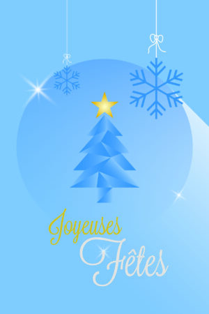 image de la carte de vœux HOLY GRAPH avec un sapin de noël au centre et la mention "joyeuses fêtes", dans des tons bleus et frais et une brillance étincelante.