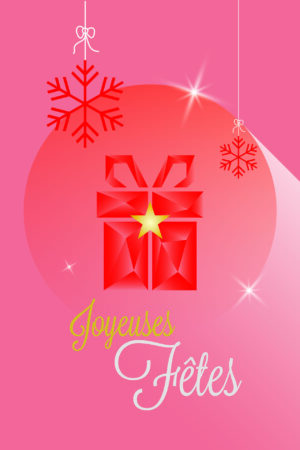image de la face principale de la carte avec un paquet cadeau au centre et une mention "joyeuses fêtes". Le tout dans un style très graphique, dans des tons rouge vif et une ambiance festive.
