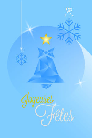 image de la carte de vœux HOLY GRAPH avec une cloche de noël au centre et la mention "joyeuses fêtes", dans des tons bleus qui évoquent la fraîcheur de l'hiver et la blancheur étincelante de la neige.