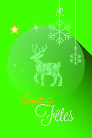 image de la face principale de la carte avec un renne dans un style graphique au centre et la mention "joyeuses fêtes". Dans des tons verts et une ambiance festive.