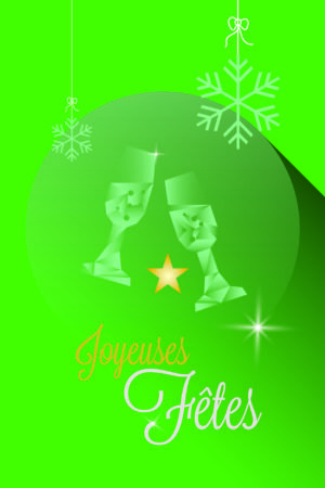 image de la face principale de la carte de vœux avec 2 coupes de champagnes au centre et la mention "joyeuses fêtes". Les tons verts de la cartes rappellent le vert du sapin de noël. Les étoiles et flocons rappellent la fraîcheur de l'hiver.