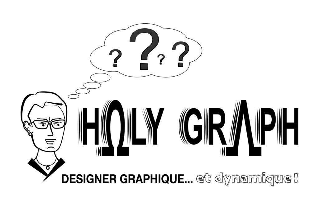 icône + logo + slogan HOLY GRAPH avec des points d'interrogation dans une bulle (style BD) pour illustrer la question "pourquoi HOLY GRAPH ?"
